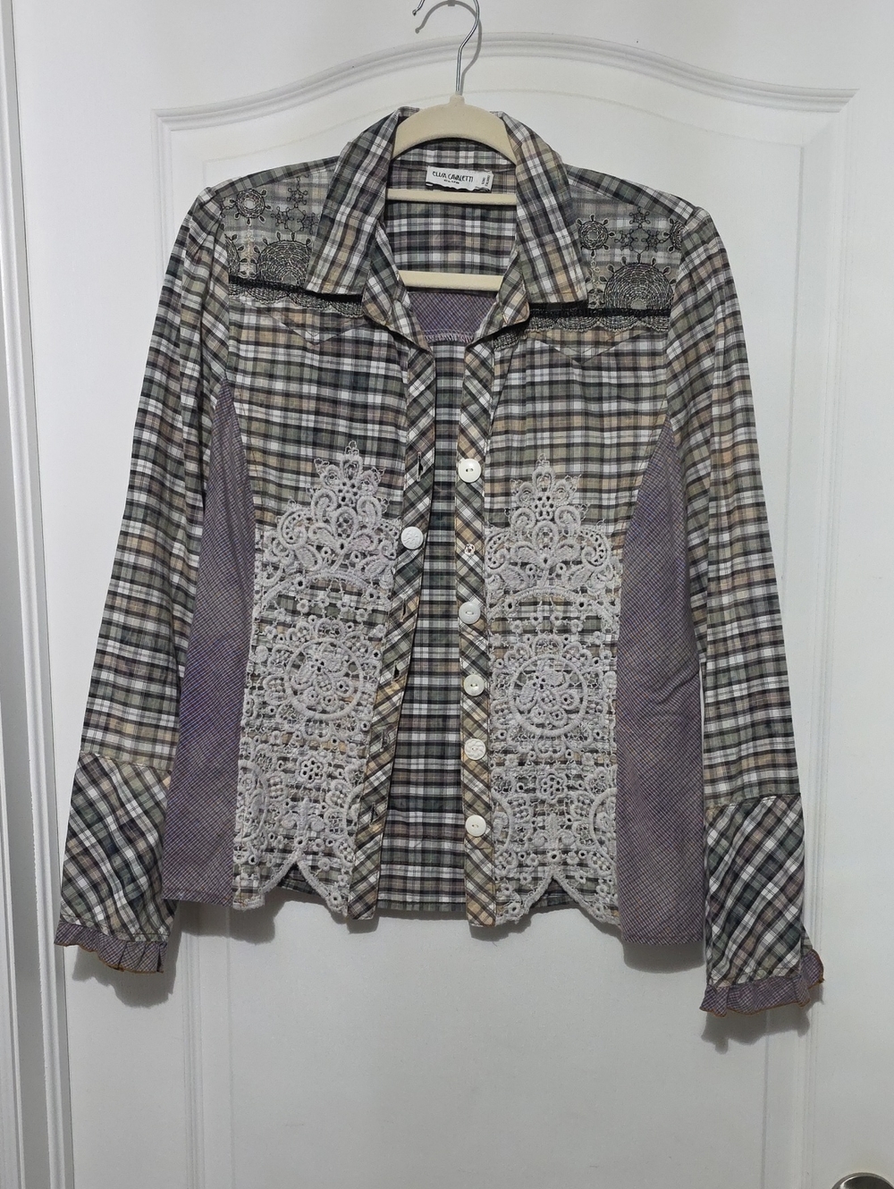 Elisa Cavaletti Plaid Button-Down Shirt with Lace Panels in Gray and Lavender
